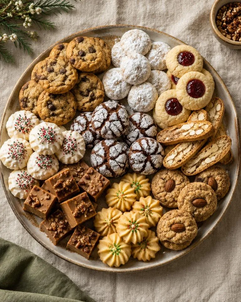 Round platter of assorted cookies on linen seen from above