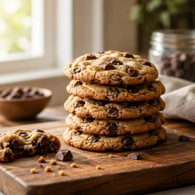 Stack of chocolate chip cookies on a wooden board