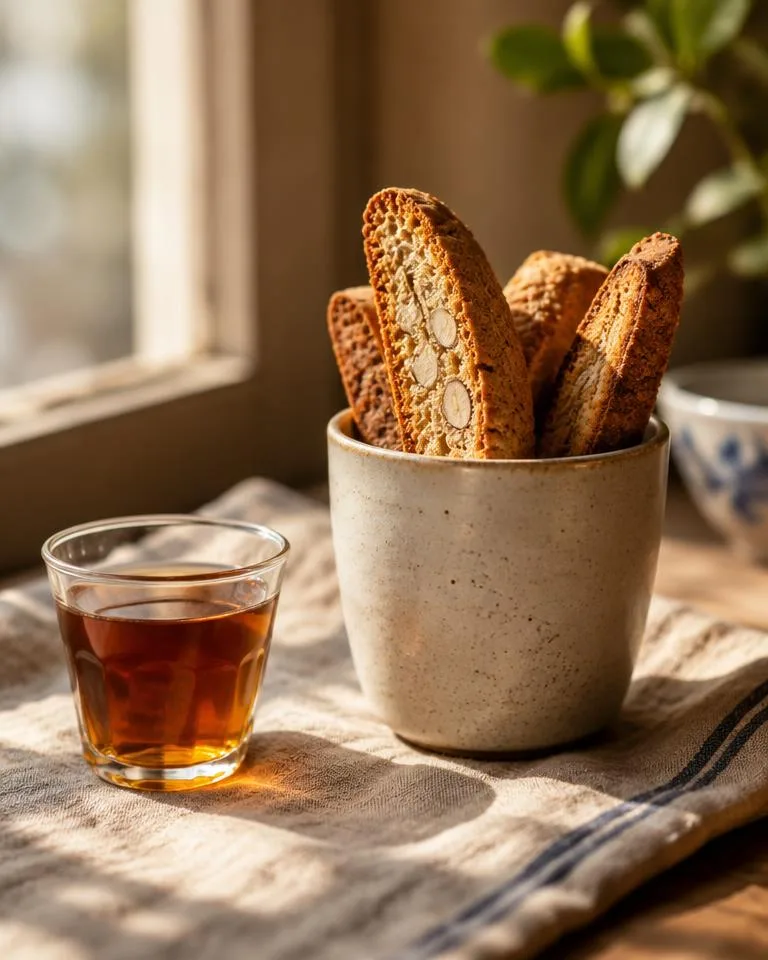 Biscotti in a ceramic cup beside a glass of tea
