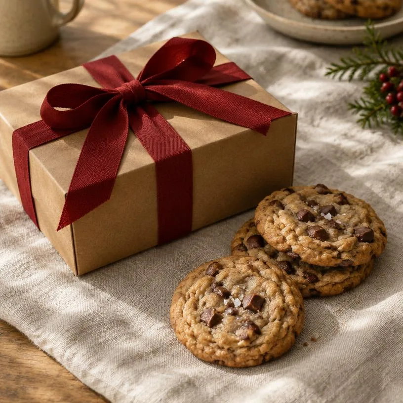 Kraft gift box tied with a red ribbon next to cookies