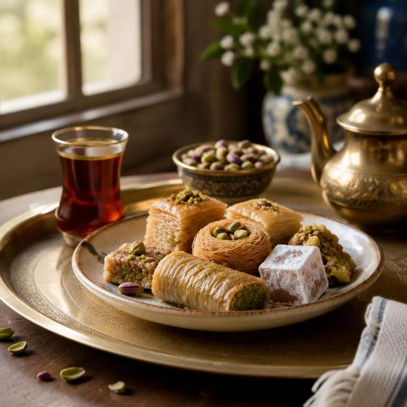 Plate of assorted sweets on a brass tray with tea