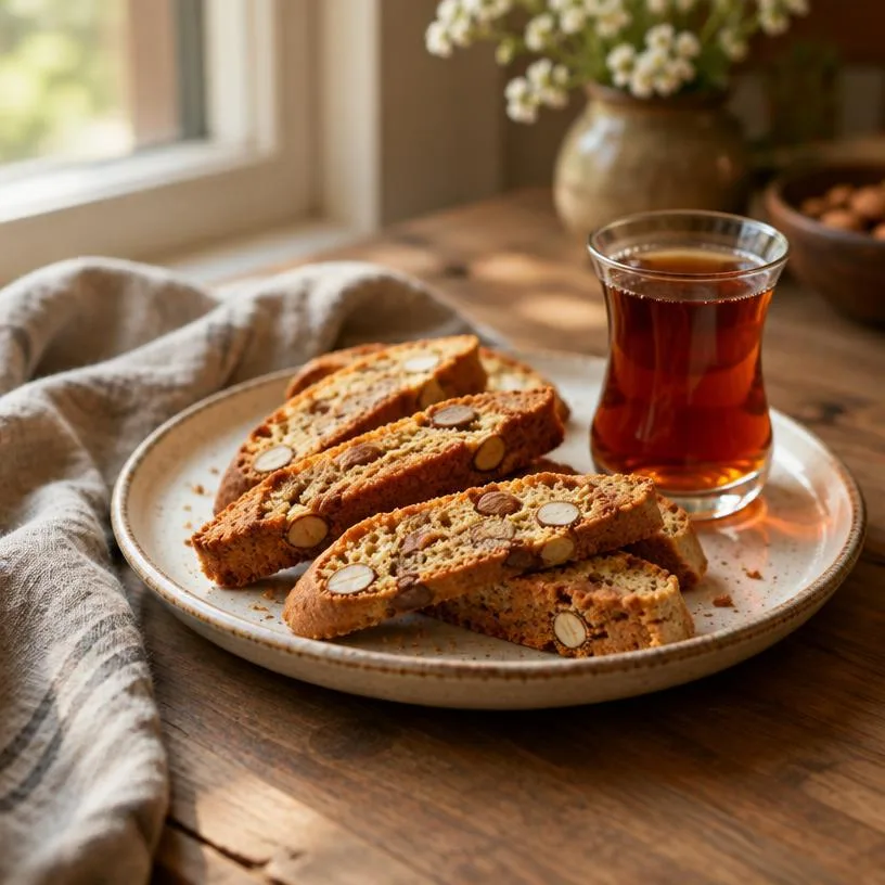 Biscotti on a plate next to a small glass of tea