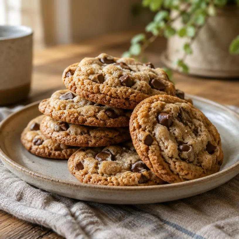 Stack of chocolate chip cookies on a ceramic plate