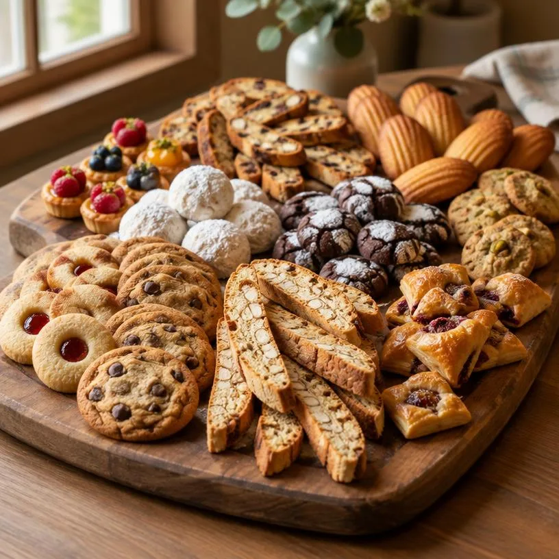 Wooden board with a mixed assortment of cookies and pastries
