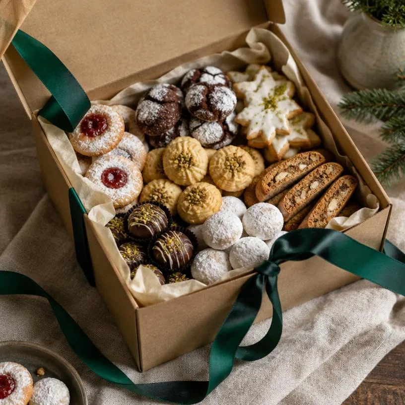 Open gift box filled with assorted cookies and a green ribbon
