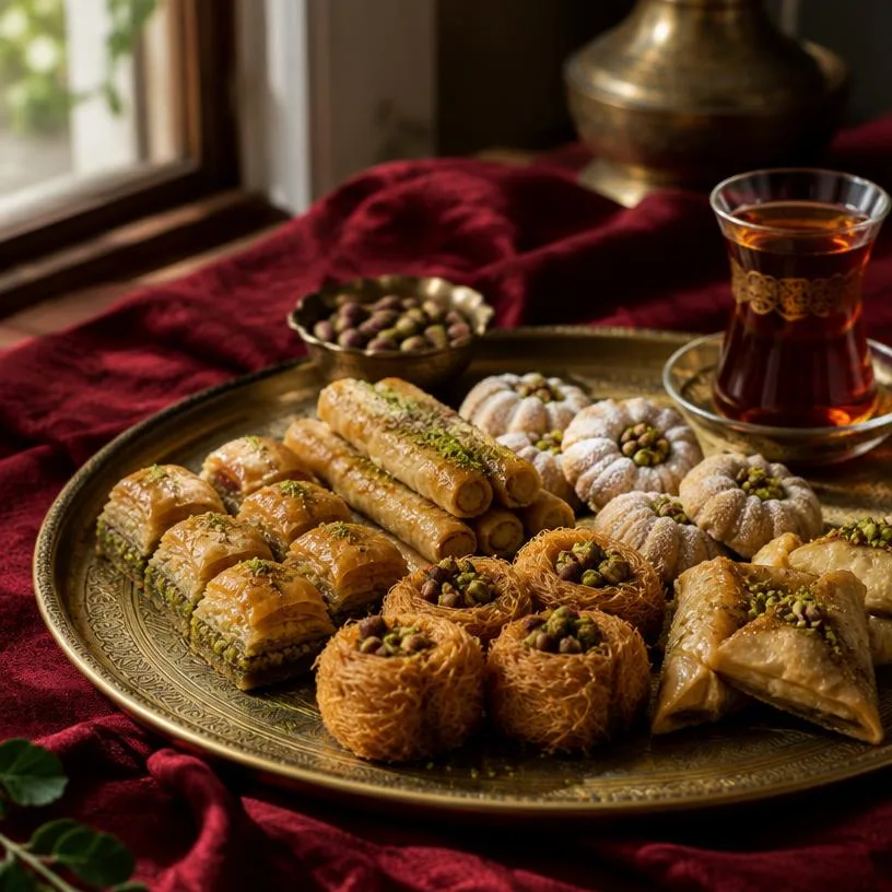 Assorted baked sweets on a brass tray with a glass of tea