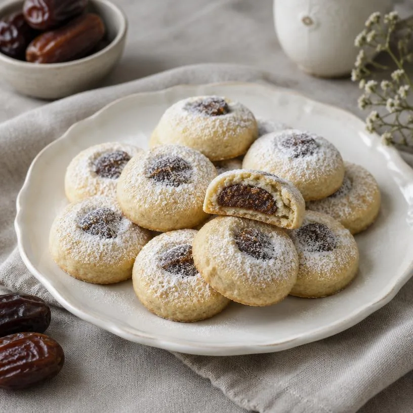 Plate of filled cookies dusted with powdered sugar