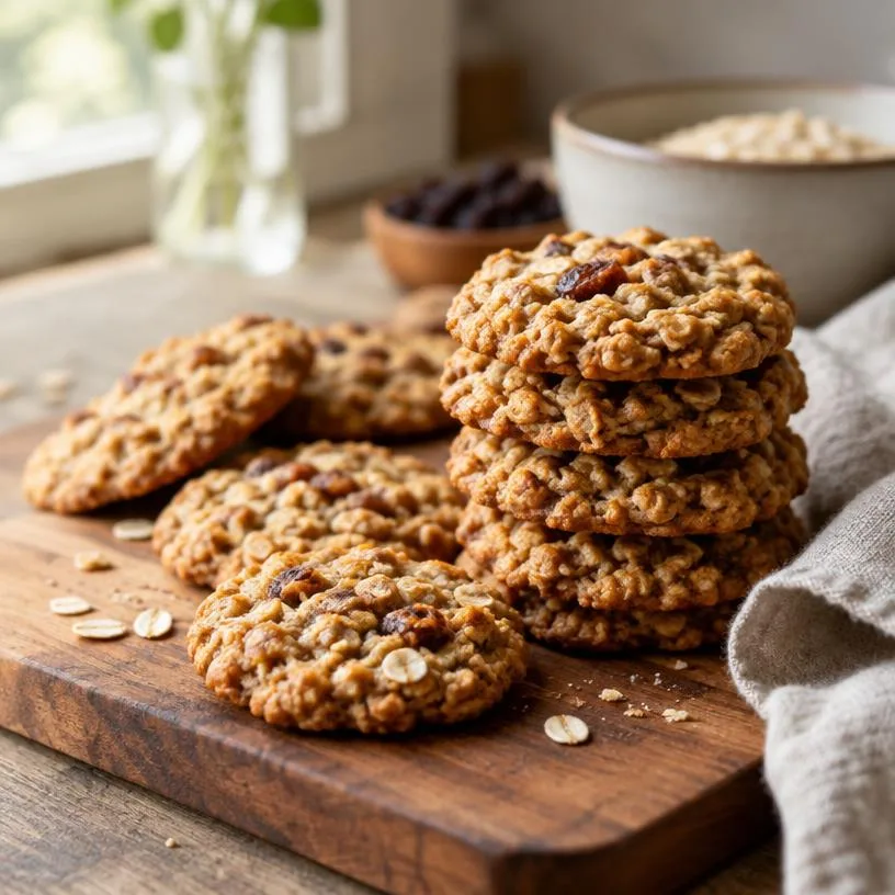 Oatmeal cookies on a wooden board beside a linen napkin