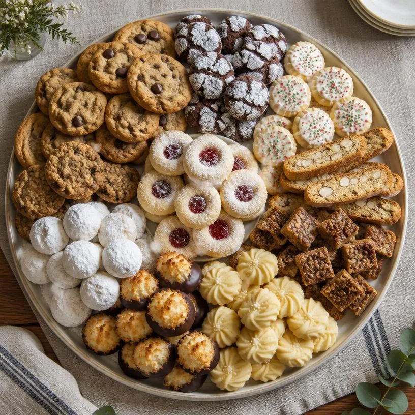 Large round platter of assorted cookies seen from above