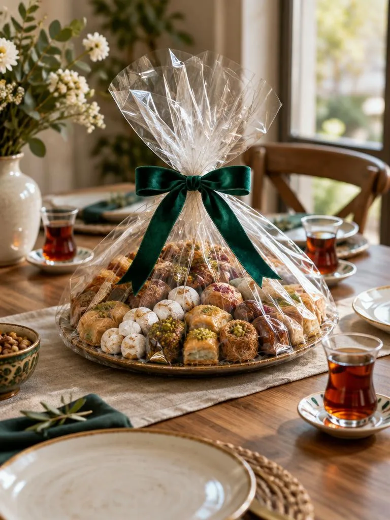 Wrapped sweets platter with a green ribbon on a table set for guests