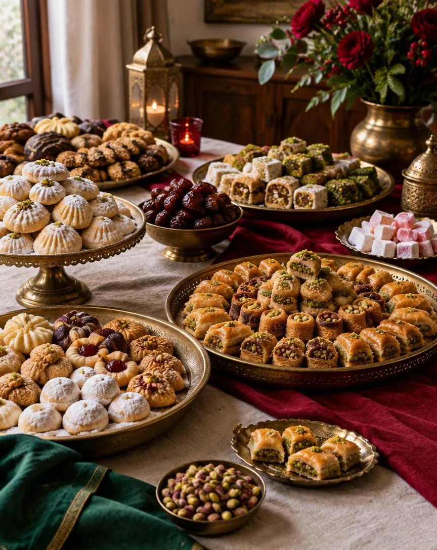 Celebration table covered with platters of cookies and sweets