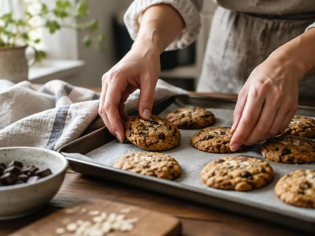Hands arranging freshly baked cookies on a tray in a home kitchen